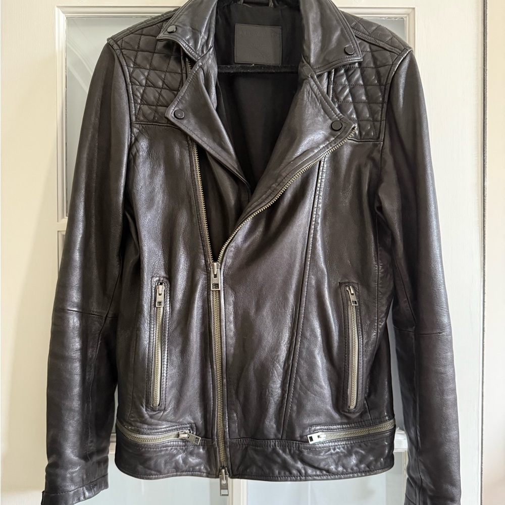 AllSaints Quilted Black Leather Biker Jacket (‘Conroy’)